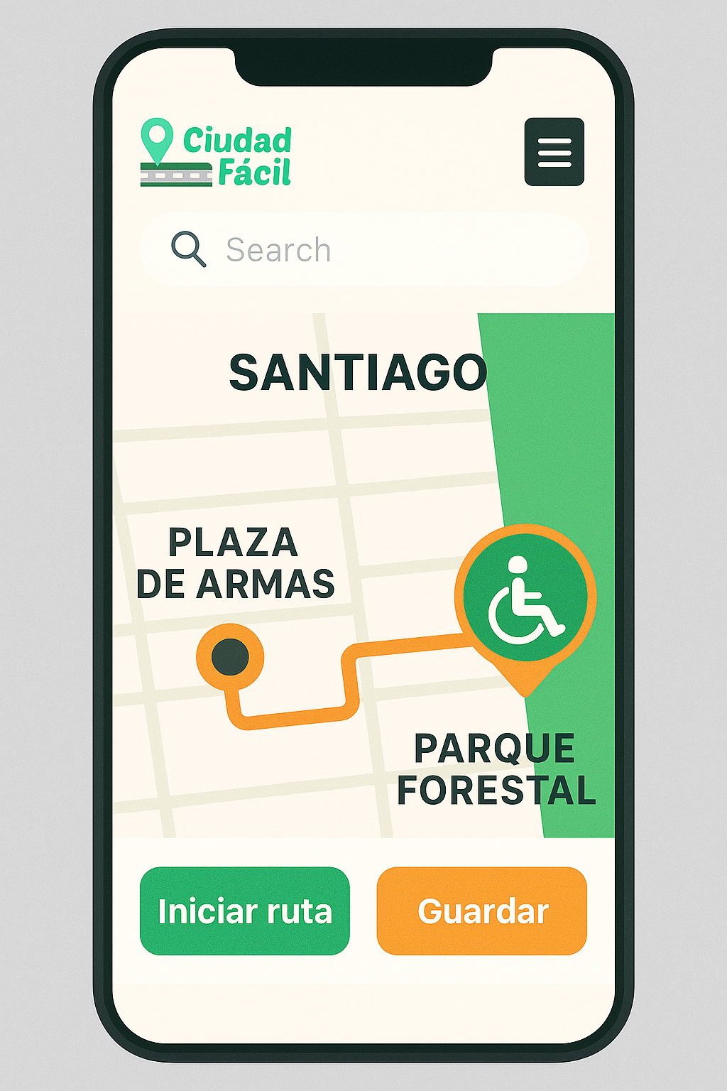 Mapa interactivo mostrando rutas accesibles con indicadores de rampas, baños adaptados y estacionamientos para personas con movilidad reducida