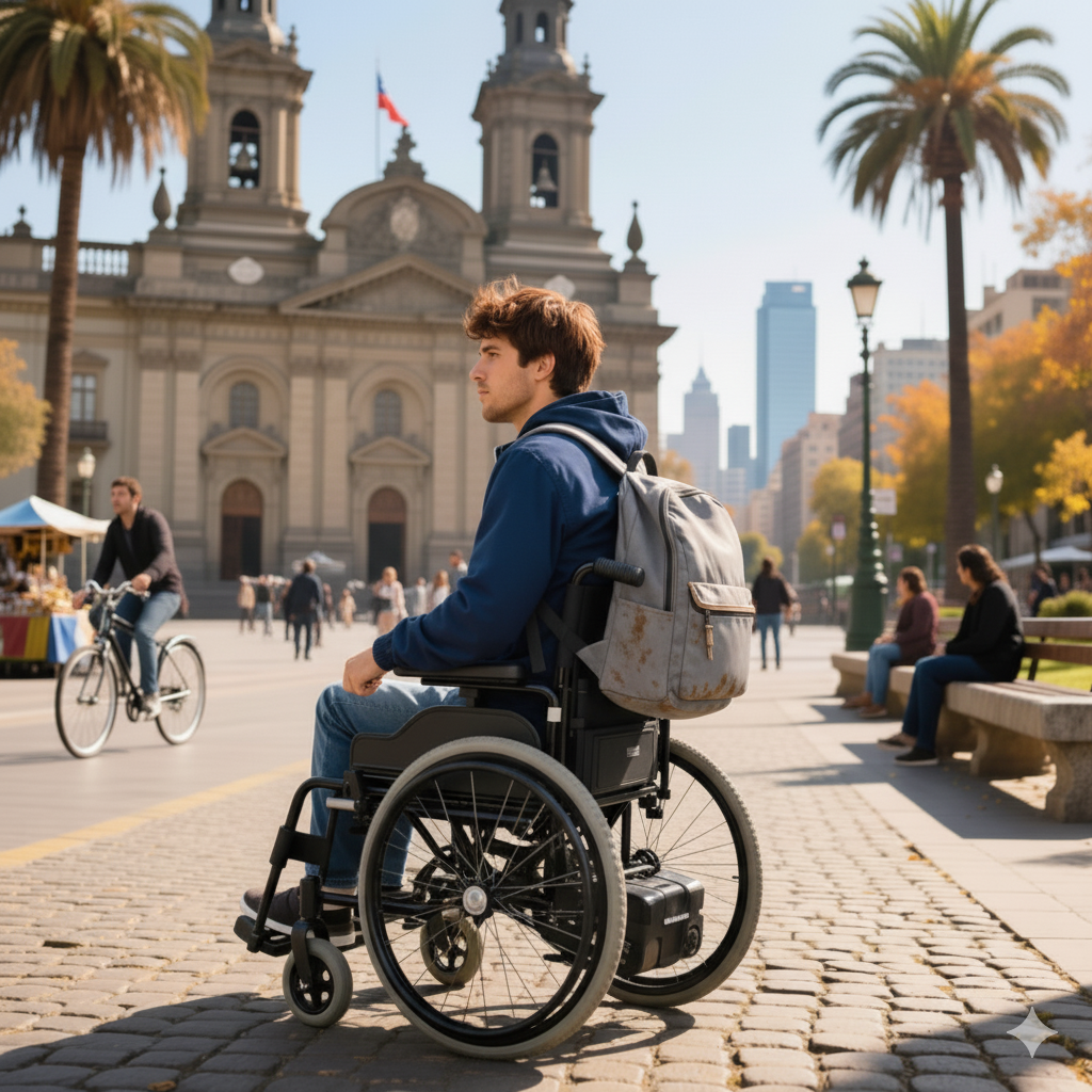 Diego, profesional independiente con silla de ruedas, trabajando de manera autónoma